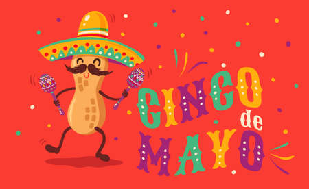 Vector poster for Cinco de mayo with peanut with mexican sombrero and maracas. Cinco de mayo festive. Vector illustration of peanut in sombrero for Cinco de mayo festival.のイラスト素材