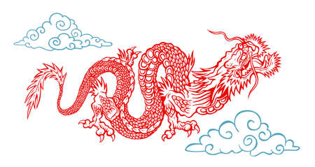Vector illustration of a Chinese dragon. Red asian dragon with clouds.のイラスト素材