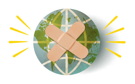 Vector illustration of Earth planet with adhesive plaster. Vintage vector illustration of Earth planet with aid band.のイラスト素材