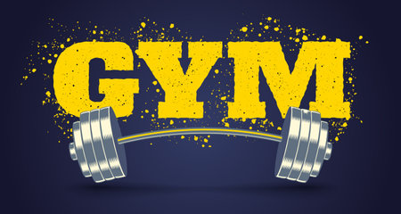 Vector emblem for fitness club in grunge style with barbell. Vector logo with text of gym and barbellin vintage style.のイラスト素材