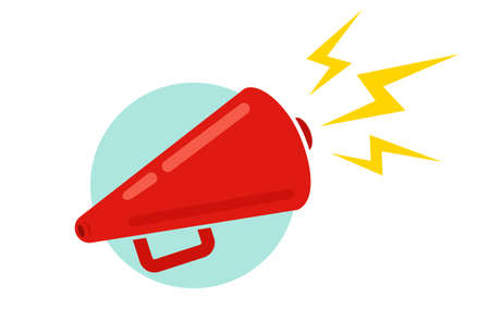 Vector vintage icon of red megaphone. Vector red megaphone in retro style on blue background.のイラスト素材