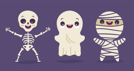 Vector set illustration of children in costumes for Halloween. Illustrations with cute kids in Halloween monsters costumes. Halloween monsters. Skeleton, ghost and mummy.のイラスト素材