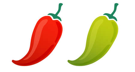 Vector set icons of hot jalapeno and chilli. Vector illustration of chili pepper. Red and green spicy peppers.のイラスト素材