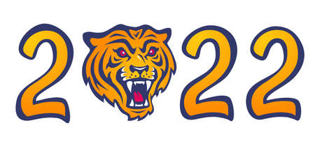 Vector emblem for new year of 2022 with head of a tiger. Vintage print for t-shirt of angry tiger for 2022 year.のイラスト素材