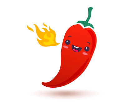 Vector illustration of a spicy chilli pepper with flame in kawaii style. Cartoon red chilli pepper with flame for Mexican or Thai food. Cartoon of baby chili with fire.のイラスト素材