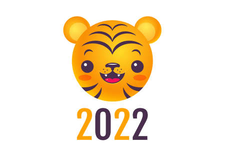 Vector emblem for new year of 2022 with head of a tiger. Vintage print for t-shirt of kawaii tiger for 2022 year. Tiger emoji.のイラスト素材