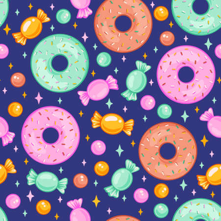 Vector seamless pattern with candies and donuts. Sweet candy and donut seamless pattern for birthday party.のイラスト素材