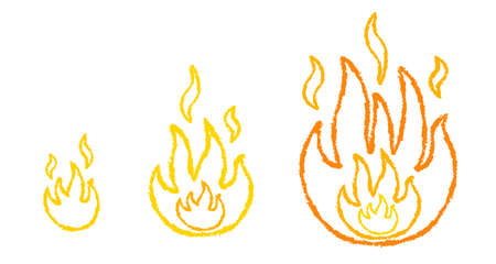 Vector set three icons of fire in hand drawing style. Template flame for games drawing from pencil.のイラスト素材