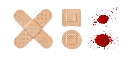 Vector set illustrations of bandage and blood drops. Vector set aid bandages in different forms and blood.のイラスト素材