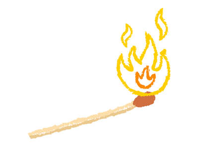 Vector retro illustration of a match with fire in hand drawing style. Vintage icon of match with flame.のイラスト素材