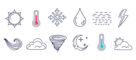Vector set weather icons in flat style. Vector flat icons of weather symbols.のイラスト素材