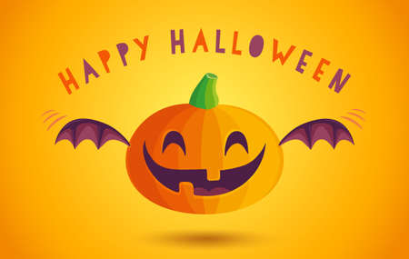 Vector icon of pumpkin with bat wings in kawaii style for Halloween. Cute pumkin in manga style.のイラスト素材