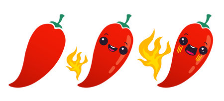 Vector set illustration of a spicy chili peppers with flame. Cartoon red chilli pepper with flame for Mexican or Thai food. Cartoon baby chillies and fire in chibi style.のイラスト素材