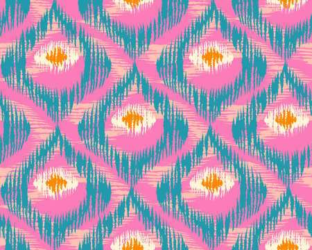 Vintage vector seamless pattern in ikat style. Retro ikat pink pattern with abstract peacock feathers.のイラスト素材