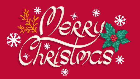 Vector banner for Christmas with hand drawing lettering and plants. Retro banner for Christmas with snowflakes and winter plants.のイラスト素材