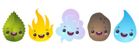 Vector illustration of nature elements in kawaii style. Vector set icons of five elements in chibi style. Water, fire, air, ground and plant.のイラスト素材
