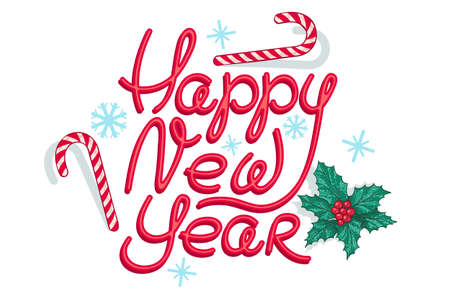 Vector banner for New year with hand drawing lettering. Vector retro banner for New year with holiday candy canes and plants.のイラスト素材