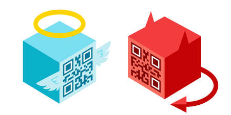 Vector illustration of a angel and devil in isometric style with QR code face. Angel and devil in isomertry with QR code.のイラスト素材