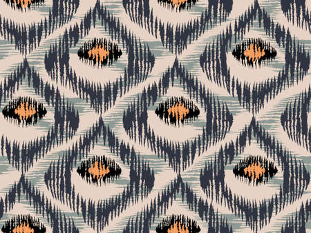 Vintage vector seamless pattern in ikat style. Retro ikat pink pattern with abstract peacock feathers.のイラスト素材