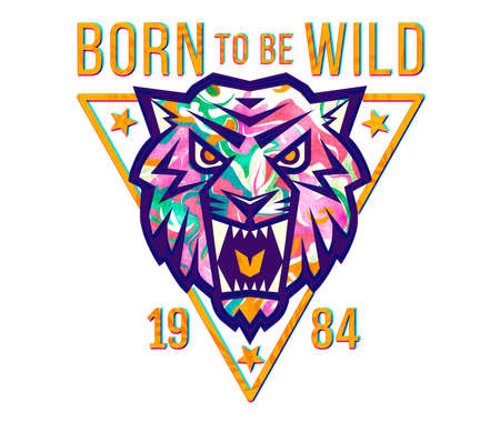 Illustration of tiger head in glitch style. Print design for T-shirt with tiger head.の写真素材