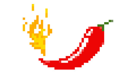 Vector illustration of hot chilli pepper with fire in pixel style. Vector emblem jalapeno or chilli pepper. Pixel chili pepper with flame.のイラスト素材