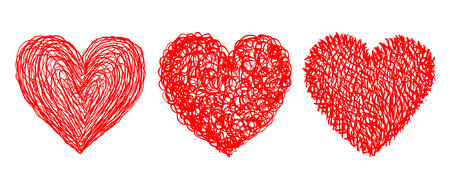 Vector set icons of heart in hand drawing style. Vector illustration of red hearts in grunge style for Valentines day.のイラスト素材