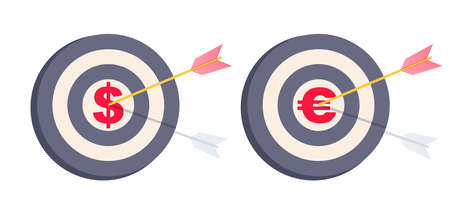 Vector set icons of target with arrow and money. Vector illustration of target for business with dollar and euro signs.のイラスト素材