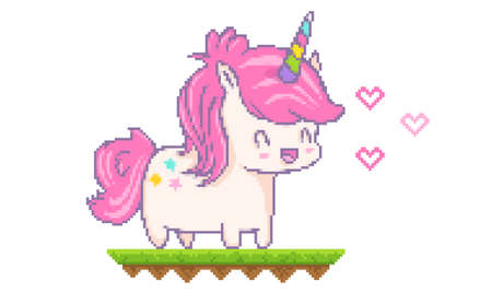 Vector illustration of a kawaii unicorn with hearts in pixel art style. Vector cute pixel unicorn with hearts in chibi style.のイラスト素材
