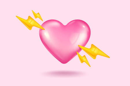 Vector icon of pink heart with lightning for Valentine's Day in realistic 3d style. Vector realistic banner with heart on pink background.のイラスト素材