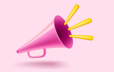 Vector vintage pink megaphone realistic 3d style. Vector illustration of retro loudspeaker on pink background.のイラスト素材