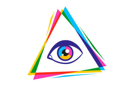 Vector vintage pyramid with eye in 90's style. Vintage vector poster with pyramid and eye. Rainbow pyramid in CMYK style.のイラスト素材