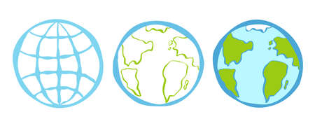 Vector set icons of a globe in hand drawing style. Vector blue globe in retro and simple styles. planet of earth.のイラスト素材
