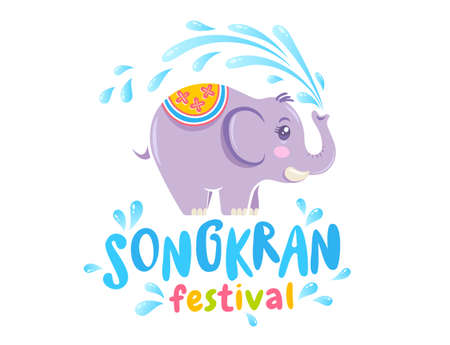 Songkran festival in Thailand with elephant on isolated background in kawaii style. Emblem for Songkran water festival.のイラスト素材