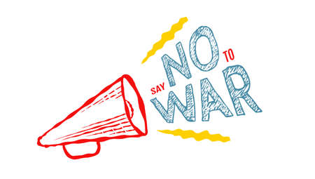 Vector vintage megaphone with text of No War. Vector illustration of retro loudspeaker on white background on doodle style. Say No to War.のイラスト素材