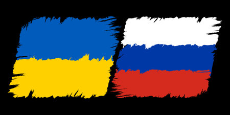 Vector vintage Ukraine and Russian flags. Drawing flags of Ukraine and Russia in grunge style.のイラスト素材