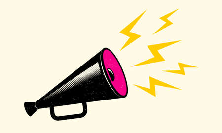 Vector vintage poster with black megaphone on paper background. Retro megaphone on white background for sale.のイラスト素材