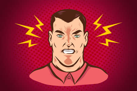 Vector illustration of angry man in vintage stylee on abstract background. Vector retro illustration of man with negative emotion in pop art style.のイラスト素材