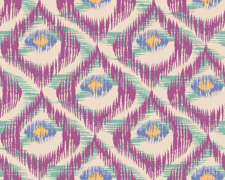 Vintage vector seamless pattern in ikat style. Retro ikat pink pattern with abstract peacock feathers.のイラスト素材