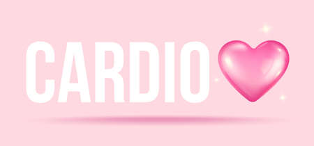 Vector illustration of a pink heart with pulse and text of cardio in realistic style. Heart and pulse in 3d style. Cardio heart for print on t-shirt.のイラスト素材
