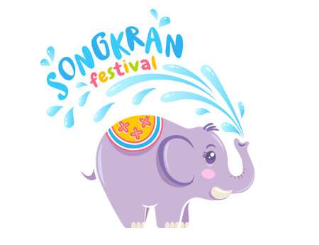 Vector logo for Songkran festival in Thailand with elephant on isolated background in kawaii style. Emblem for Songkran water festival.のイラスト素材
