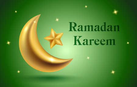 Vector banner for Ramadan Kareem holiday with golden moon in realistic 3D style. Celebrate Ramadhan Holy month in Islam. Background Vector background with crescent with star in golden color.のイラスト素材