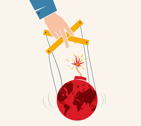 Vector vintage poster with hand controls Earth like a puppet. world control. world like bomb. stop war. no war.のイラスト素材