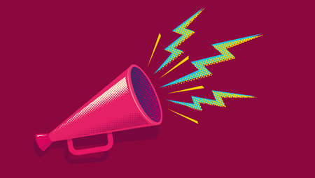 Vector vintage poster with retro pink megaphone on red background. Vector illustration of retro pink megaphone.のイラスト素材
