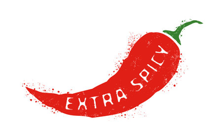 Vintage vector illustration of chilli pepper. Vector icon of red chili pepper in grunge style. Extra spicy.のイラスト素材