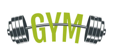 Vector vintage emblem for gym with barbell. Vector illustration of sport logo. Emblem of steel barbell for bodybuilding and fitness.のイラスト素材