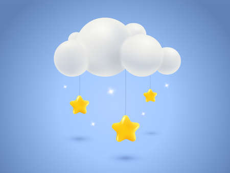 Vector illustration of cloud with stars in 3D style. Vector weather icon with clouds and stars in realistic style. Toy for baby.のイラスト素材