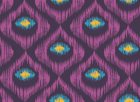 Vintage vector seamless pattern in ikat style. Retro ikat pink pattern with abstract peacock feathers.のイラスト素材