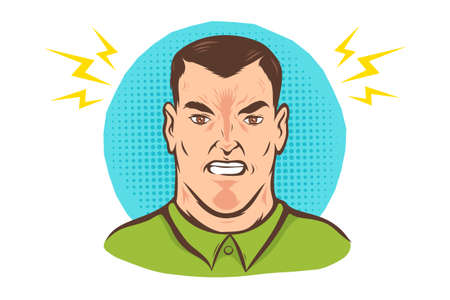 Vector illustration of angry man in vintage stylee on abstract background. Vector retro illustration of man with negative emotion in pop art style.のイラスト素材