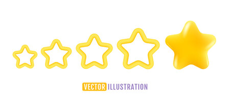 Vector icons of five yellow stars glossy colors. Achievements for games or customer rating feedback of website. Vector illustration of stars in realistic 3d style.のイラスト素材