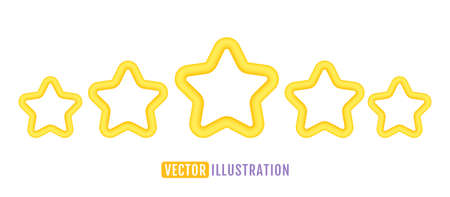 Vector icons of five yellow stars glossy colors. Achievements for games or customer rating feedback of website. Vector illustration of stars in realistic 3d style.のイラスト素材
